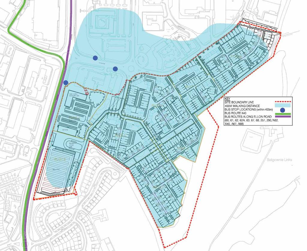 Plan 1 opposite shows walking distances to local amenities. For cycling, the site is well located for existing shared use paths along Ellon Road.