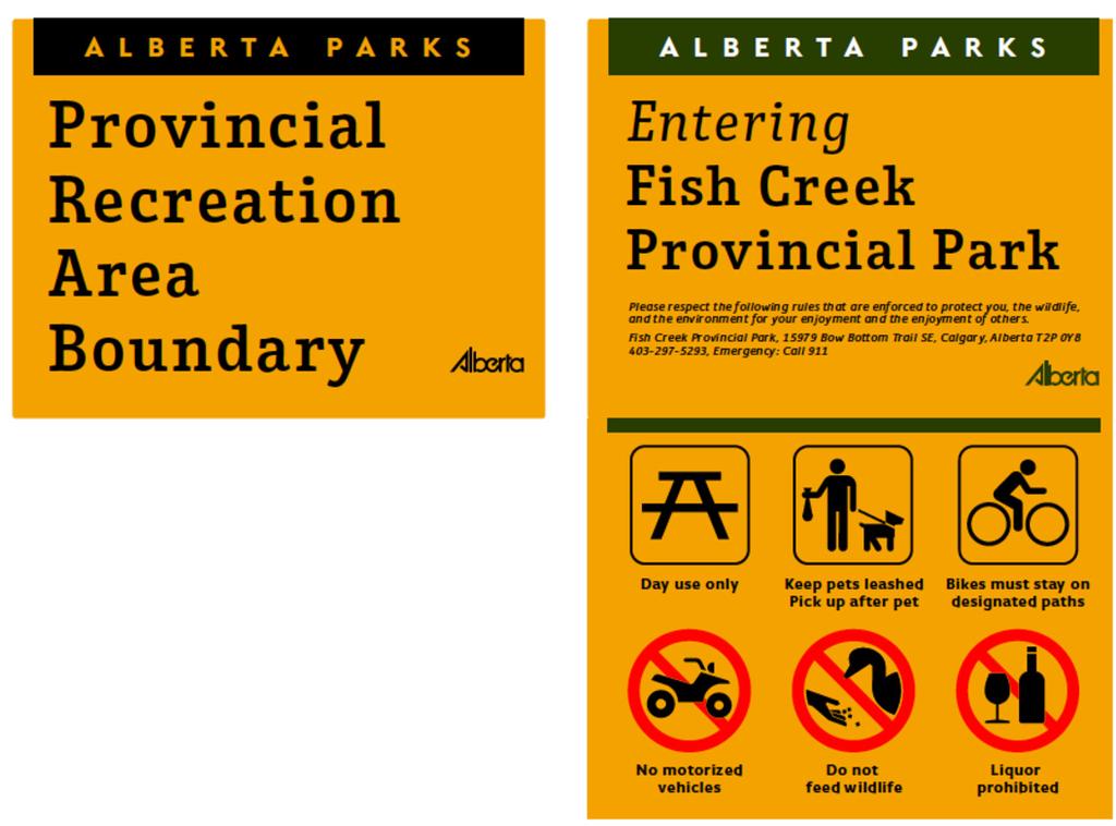 Alberta Park Property (these contain a welcoming statement, and list important amenities and encourage specific activities such as hiking plus a list of key prohibitions).