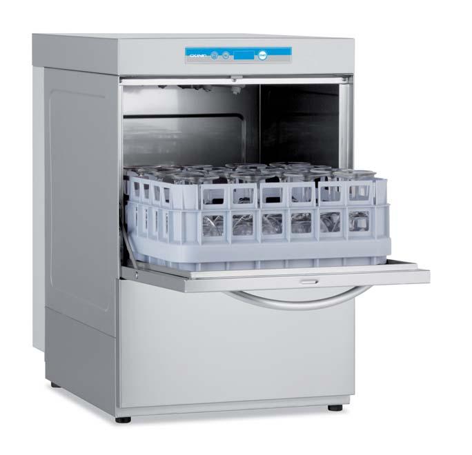Glasswashers 340 Features Single-skinned glasswasher with 40x40 rack, deep-drawn tank, welded rack guides, double skin door, peristaltic rinse aid dispenser