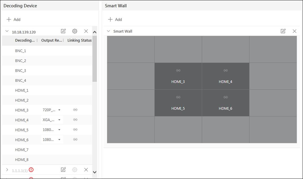 4. Drag the decoding output from the Decoding Device panel to the display window of the smart wall, to configure the