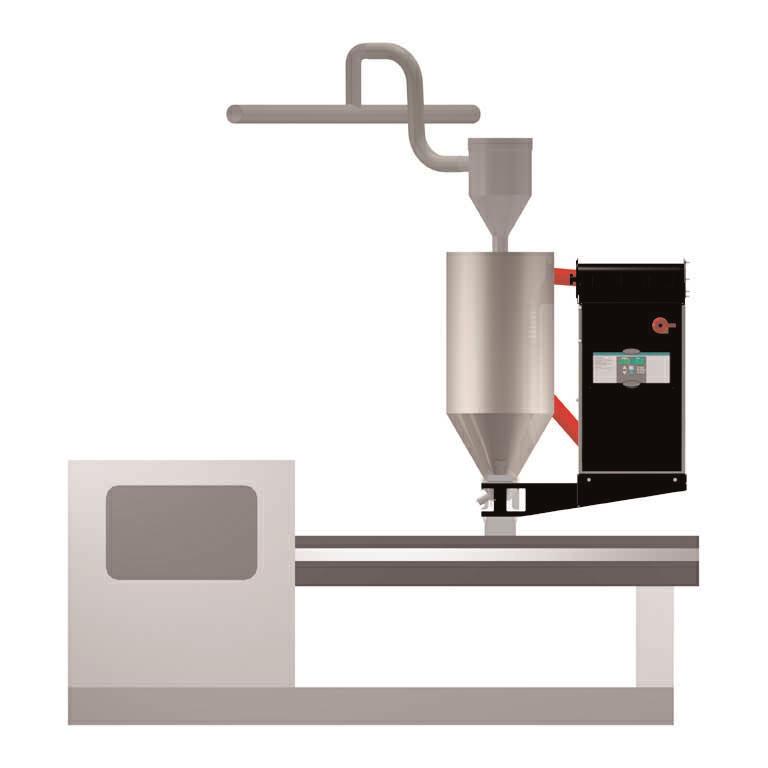 The D dryer can be mounted beside the hopper on the throat of a processing machine using the optional diving board support frame, or positioned on the floor near