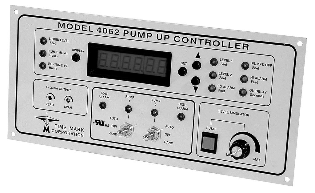 Pump-Up Controller 4-20mA Input/Scalable Output Seal Fail Monitoring Duplex Pump Alternation Hand-Off-Auto Controls Dual Run-time Meters RS-485/Modbus Communications DESCRIPTION The Model 4062