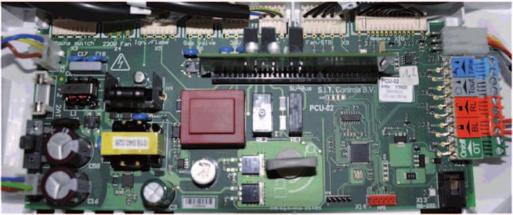 2.3 PCU PCB + SU X3 X4 X5 X6 X7 X8 X9 X0 5 2 4 3 6 0 7 0 9 0 8 G000050 230 V main supply X3 Main ON/OFF switch Connection between mains supply 230 and SCU X4 Not connected F: 6.