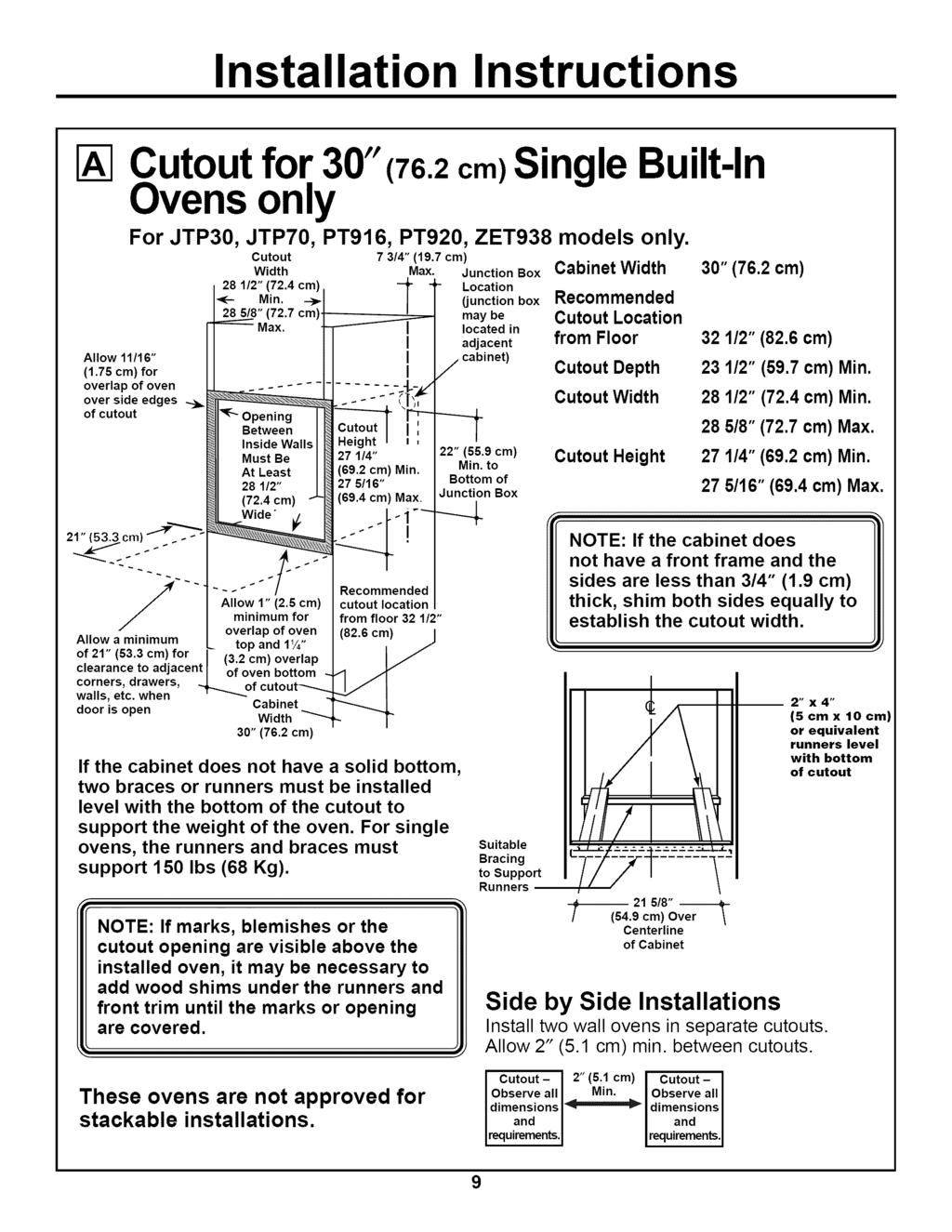 Cutout for 30"(76.2 cm)single Built-In Ovens only Allow 11/16" (1.75 cm) for overlap of oven over side edges of cutout For JTP30, JTP70, PT916, PT920, ZET938 models only. Cutout 7 3/4" (19.