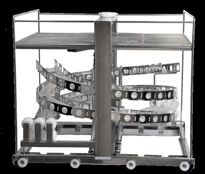 Washes up to 18 DIN instrument baskets per load. Maximum height of 2.3 inches (5.9 cm) between each level.
