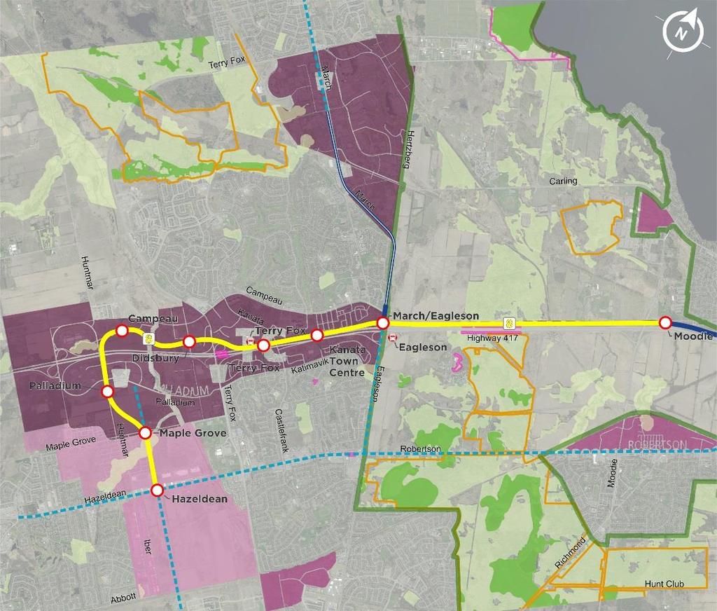 Preferred Corridor - 8A Provides rapid transit spine, supports approved transit corridors, development patterns Good connection to Kanata North should be provided to enhance network Extension to