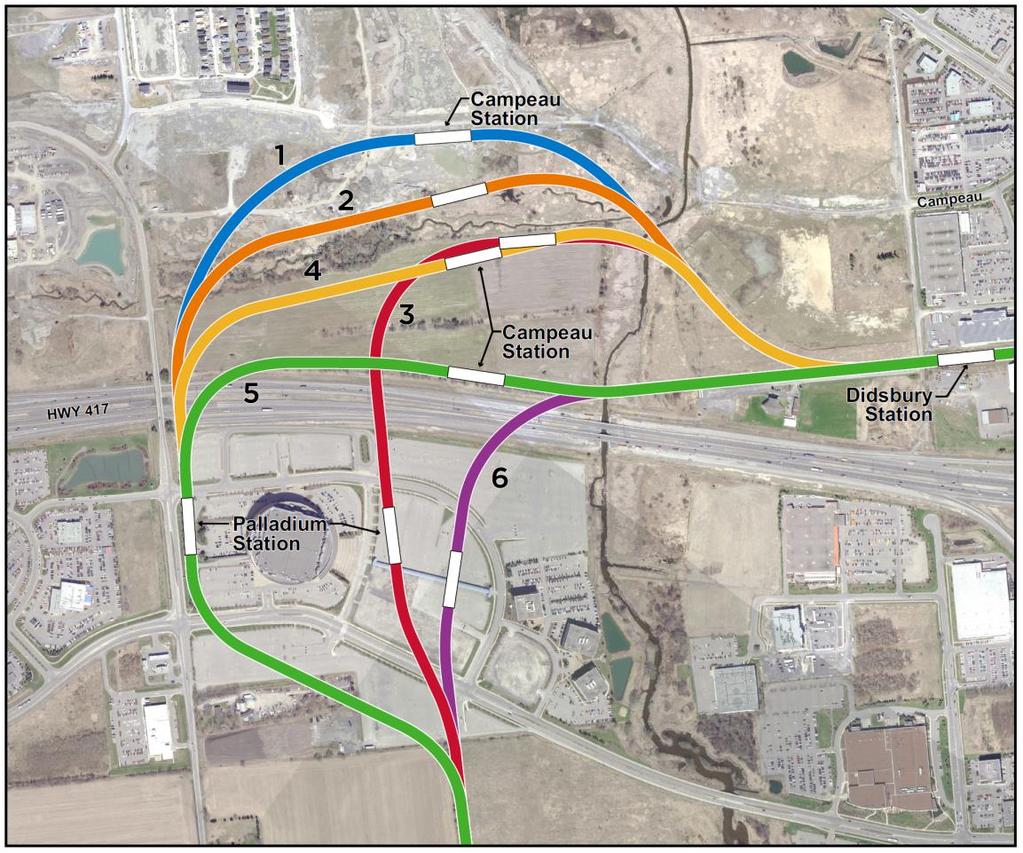6 Alternatives identified based on stakeholder feedback Considers changes to Campeau Road and Feedmill Creek