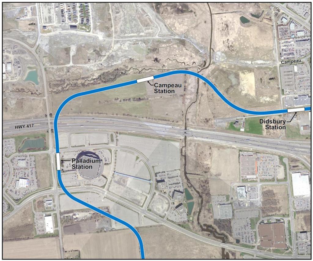 Terry Fox to Palladium Alternative 4 Significant impact to development and access on adjacent lands Station would be challenging to connect into future road network Guideway further away from