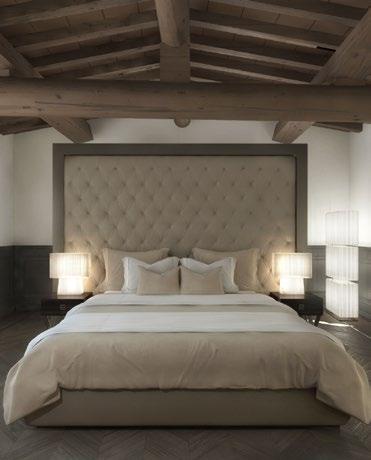Rural Florence / 2017 Contract service of a farmhouse in Tuscany. Bedroom with double bed realized with headboad in fabric and anodized steel with nickel finish frame. Night tables in Amara ebony.