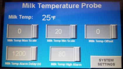 Milk Temp Max Scale This is the Maximum temp range setting. If using a Milk Temp Probe it should be set to 220 F to match our Wash Temperature 4-20 ma Transmitter Setting.