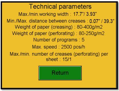 Fig. 21: The Technical parameters screen 8.2.1 Program Selection F2 See the Section 8.5. 8.2.2 Language Selection F3 On the right side of the display unit there is the F3 function key.