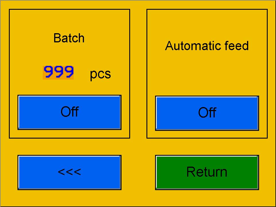 Fig. 25: Screen for setting of batch and automatic feeding Automatic feed is on by default. The automatic feed is turned off by pressing the "On" icon placed under the "Automatic feed" sign.