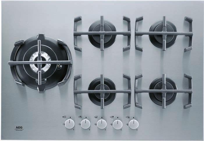 64 Gas hobs: With side wok Gas hobs with side wok burners. 75580G-M Stunning flat stainless steel gas hob with side wok.