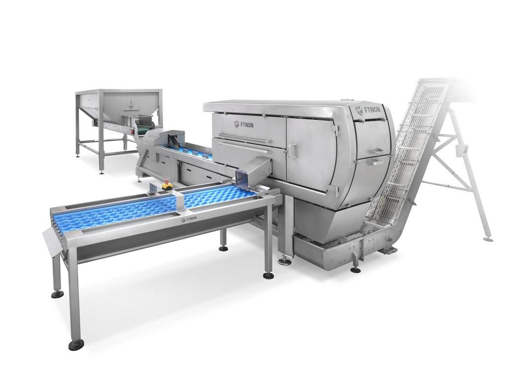 Example MOP-200 in line, consisting of Infeed bunker IFB-004, Magnetic onion peeler MOP-200, Spiral roller inspection system SRI-200 and a Slide chain conveyor (SCC) for the disposal of waste.