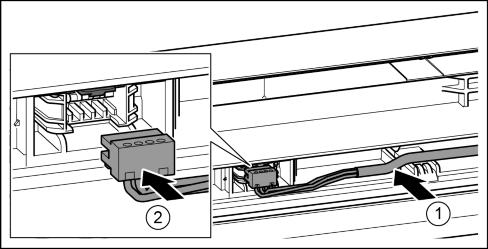 34 (1) u Carefully position the grey cable in the guide above the top bearing bracket. Fig. 34 (2) Fig. 35 u Insert the grey cable into the guide in the top door. Fig. 35 (1) u Insert connector. Fig. 35 (2) u Loop remaining cable in the guide, as required.