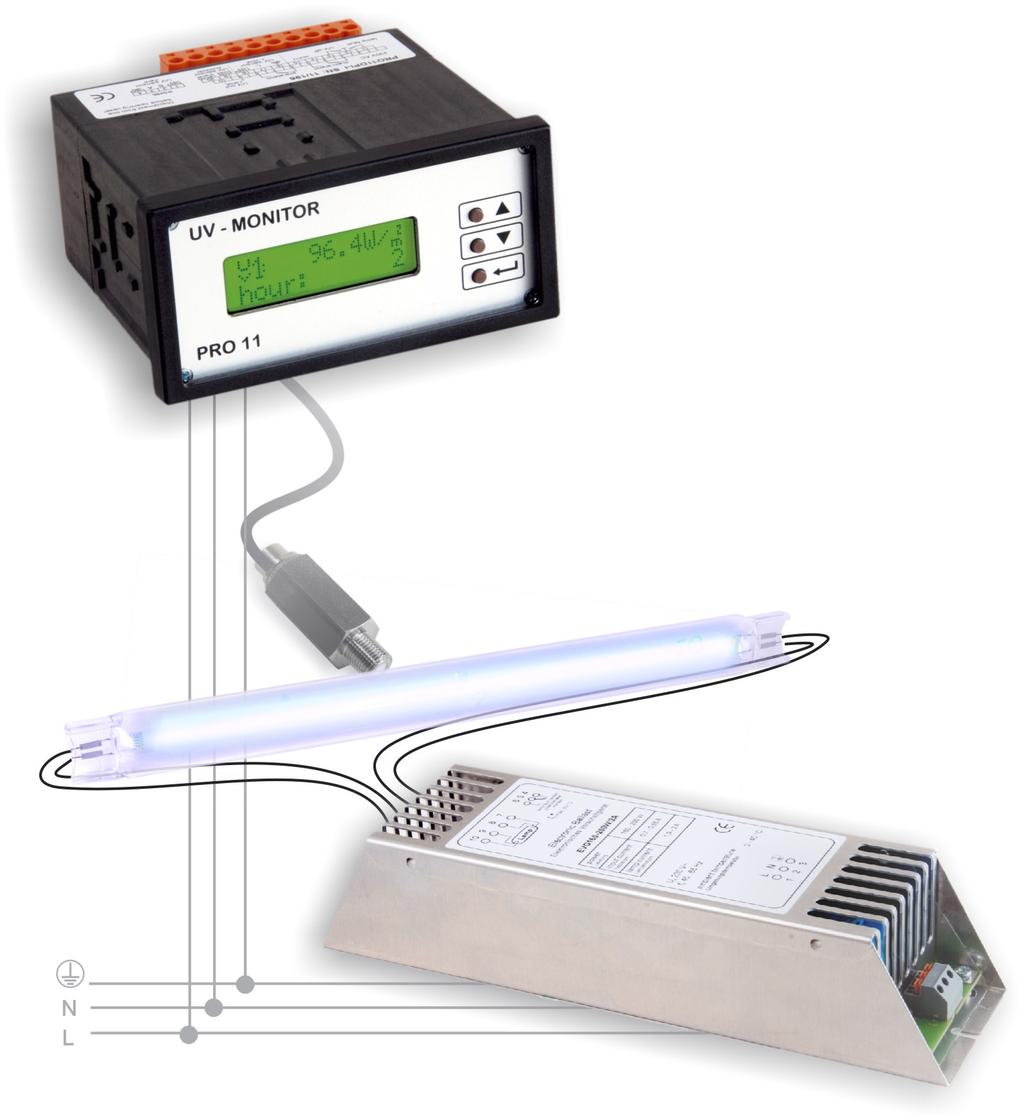 for use as UV-C monitoring system (for UV values in "W/m²", "mw/cm²" or "%") for use as hour counter for UV systems can be connected with up to 2 D-SiC / D-SiC-SLS UV sensors with digital interface