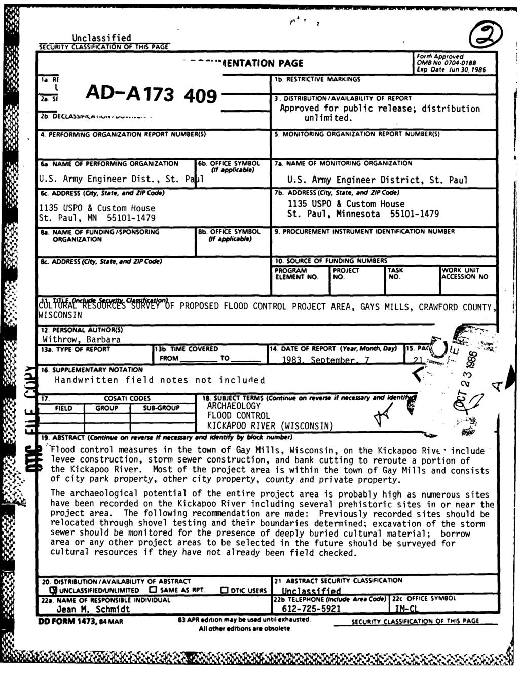 V W Unclassified fe-ctrity CLASSIFICATION OF THIS PAGE IForM' Approv~ed...ENTATION PAGE ombno 0704.0188 _TPAExp Date Jun 30, 1986 la. R lb. RESTRICTIVE MARKINGS 2a. S A 173 3.