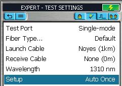Setup: Expert Mode Settings In addition to Core Settings (see Full Auto Mode settings), the Expert test mode allows you to set the Wavelength, Range, Pulse Width, Averaging Time, and Filter