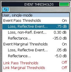 Setup: Event Settings The Event Settings Menu features three parameters: Events, Event Thresholds, and Pass/Fail Thresholds.