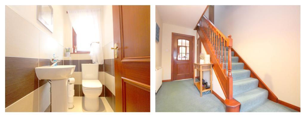 Modern four piece suite comprising WC, wash hand basin, bath and separate shower cubicle.