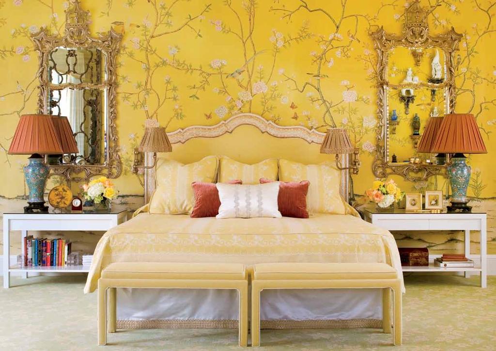 Opposite: Hand-painted yellow silk wallpaper envelopes the master bedroom; Minton had the wool carpet custom-made to complement it.
