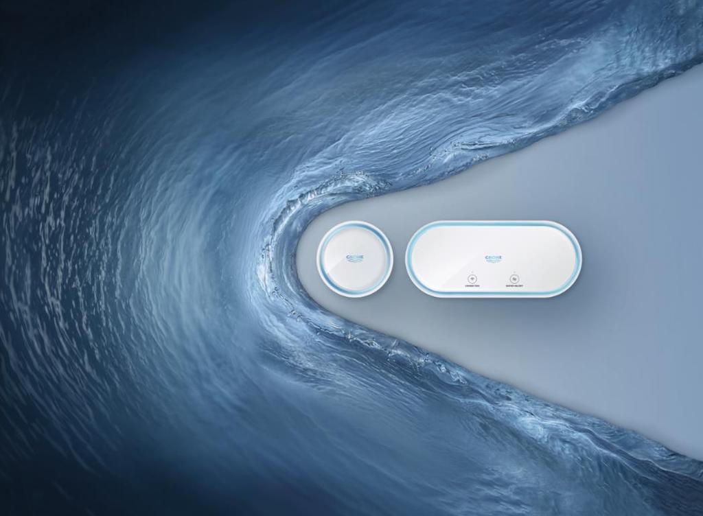 Caption: The GROHE Sense system monitors humidity, detects water leaks, immediately gives warnings and automatically shuts off the water supply.