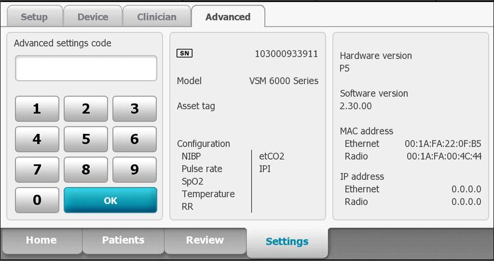 187 Advanced settings The Advanced tab provides password-protected access to the monitor's Advanced settings (or Admin mode), enabling nurse administrators, biomedical engineers, and/or service