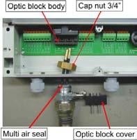 5. Open the optics block cover, slide the cables through the bushing hole, cap nut and tighten the bushing loosely, fig. 2.8. 6.