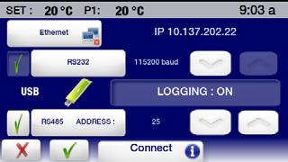 2. Touch Connect to access the Connect sub-menu. 3. Touch Ethernet to access the IP address screen.