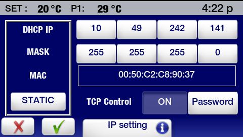 Touch to turn TCP Control ON External Cooling Control CAUTION: External Cooling Control settings are always displayed and set in C.