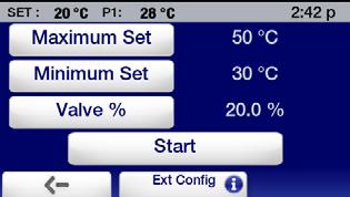 Touch to change the corresponding value 2. Enter the desired Maximum Set, Minimum Set, and Valve % values for the external cooling valve. Select a value to change by touching the corresponding button.