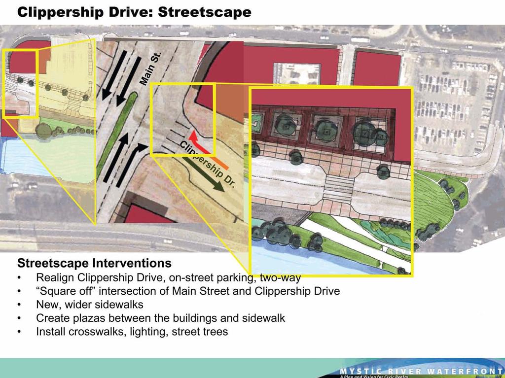 Clippership Drive: Streetscape Realign Clippership Drive, on-street parkik,.