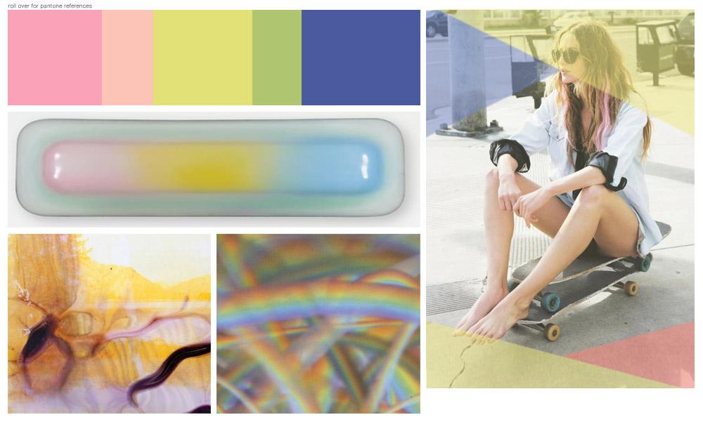 Inspired by artificial rainbows, candy coated pastels maintain a coated and sticky finish.