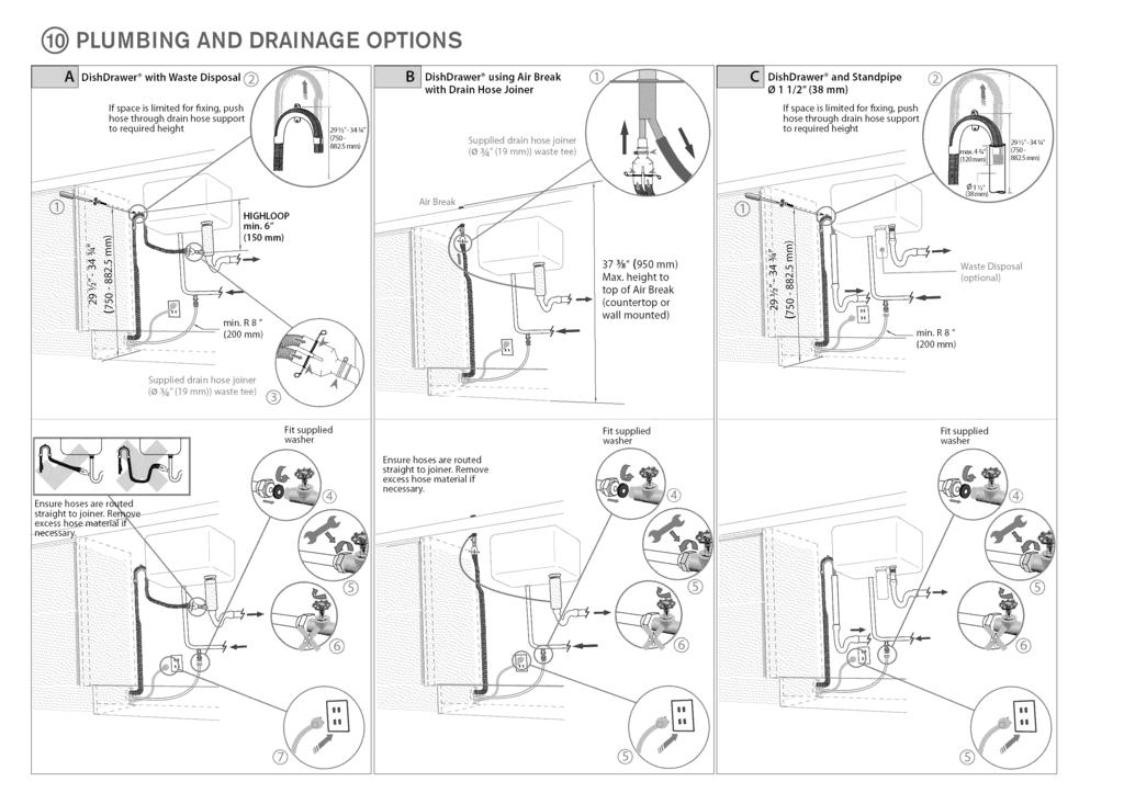 PLUMBING AND DRAINAGE OPTIONS DishDrawer with Waste Disposal _} If space is limited for fixing, push hose through drain hose support to required height DishDrawer _ using Air Break with Drain Hose