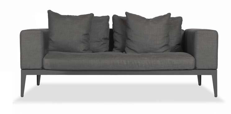 Balmoral Indoor 2 Seat sofa Shown in Aluminium Asteroid Finish, and Grey Linen.