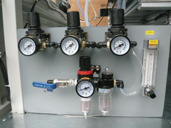 Air supply to spray flux system, all the air flow pressure is adjustable by flow pressure meters, at each
