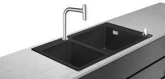 hansgrohe Sink combination units in granite SilicaTec 21 Metris Select #73806, -000 2-hole Select kitchen mixer 320 with pull out spray, 2 spray types Built-in sink 180/450 #43315, -170 Automatic