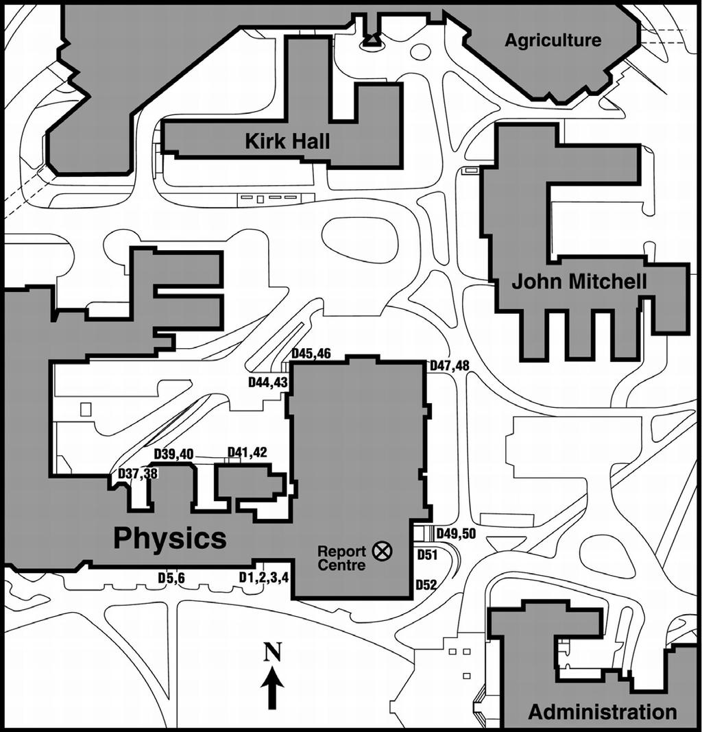 Map 7: Exits and surrounding sheltering buildings Door guard assignments: -D1, 2, 3, 4; D5, 6: M. Bedier / D. Parker / C. Meek / C. Jelinski / G. Hussey -D37, 38; D39, 40; D41, 42: L. Weitzel / D.