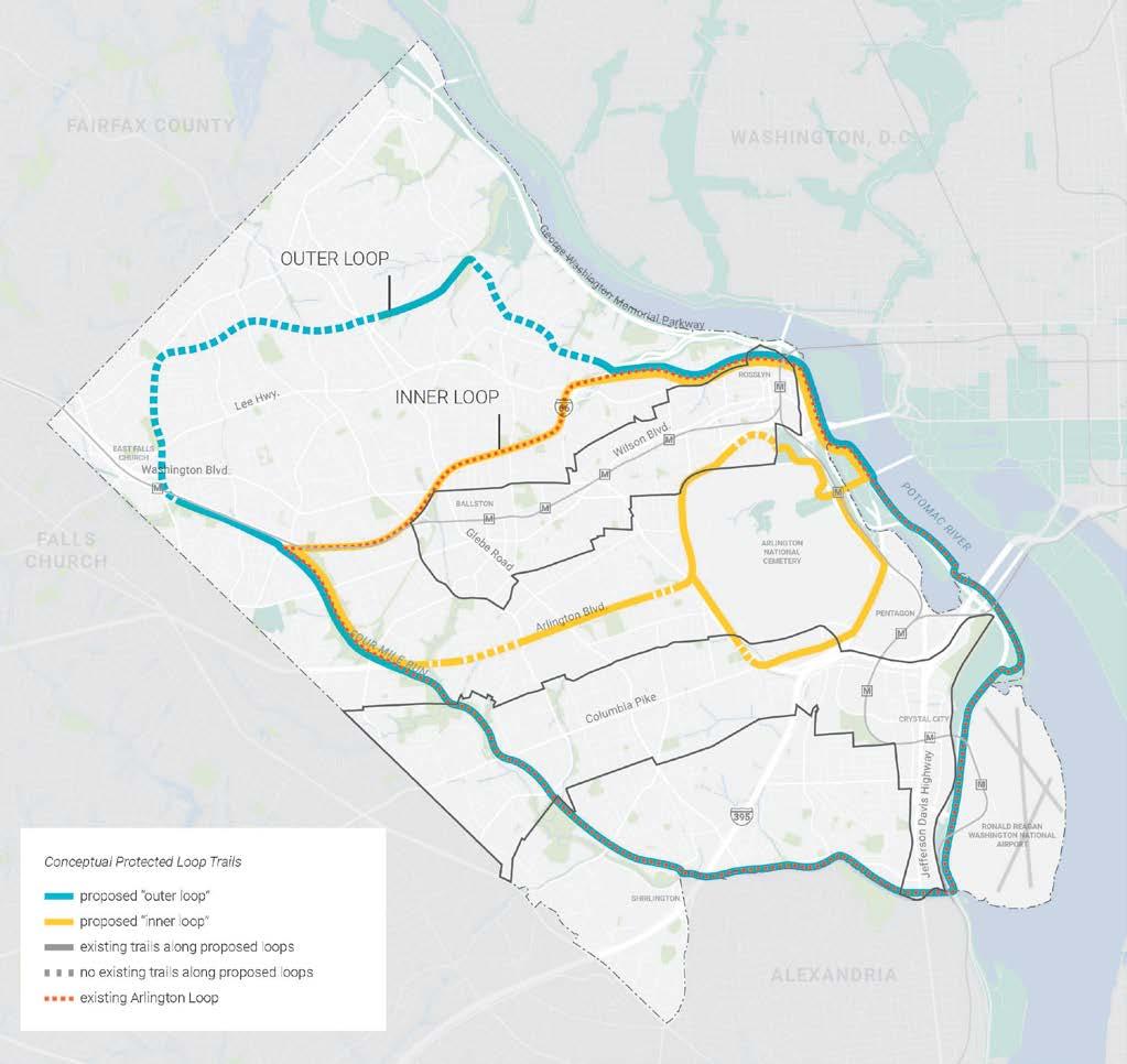 TRAIL LOOPS Preliminary POPS Draft: 2.1. Expand Arlington s network of connected multi-use trails. 2.1.1. Complete an inner loop of protected routes that connects the Custis, Four Mile Run, Arlington Boulevard, and Mount Vernon Trails.
