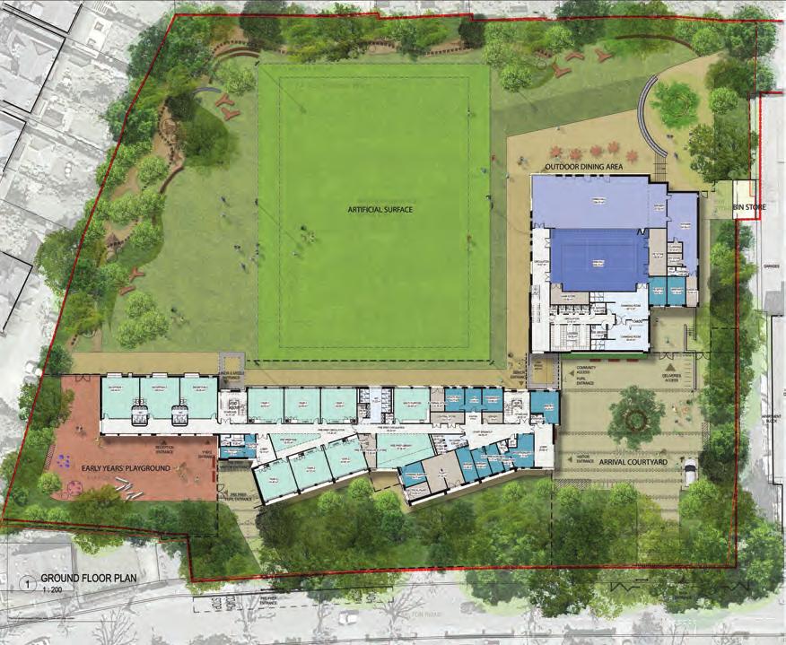 We are proposing two linked school buildings focused on the southern part of the site, with an arrival courtyard and secure play area to the front, and outdoor recreation and play to the rear.