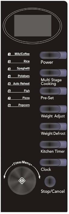 Control panel Display Cooking time, power, action indicators, and clock time are displayed. Power Press this button a number of times to set a cooking power level.
