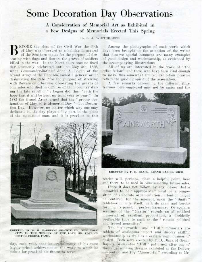 (photo captions) (left) The C. W. Post monument was Erected by W. H. Harrison Granite Co.