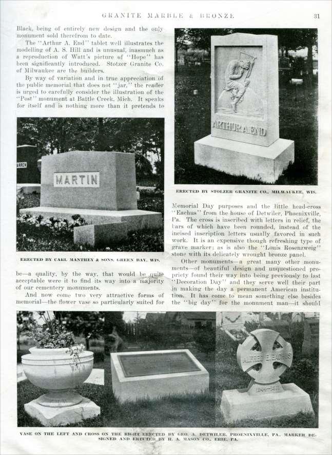 (photo captions) (above, left) The Martin monument was Erected by Carl Manthey & Sons, Green Bay, Wisconsin. (top, right) The Arthur A. End monument was Erected by Stolzer Granite Co.