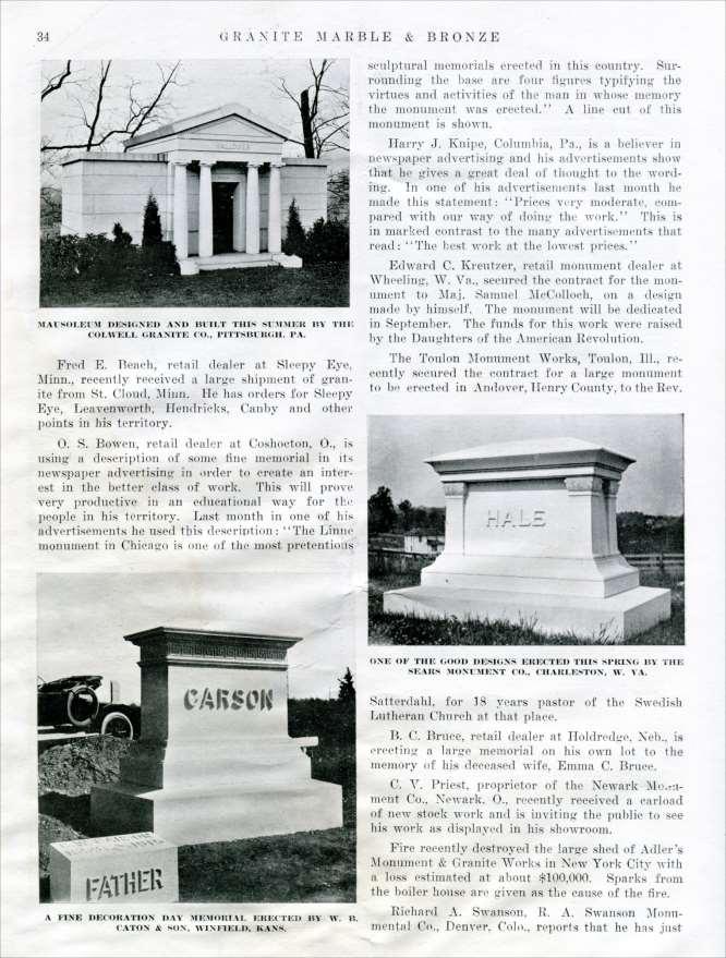 (photo captions) (top left) The Wallower Mausoleum (was) designed and built this summer (1917) by the Colwell Granite Co., Pittsburgh, Pennsylvania.