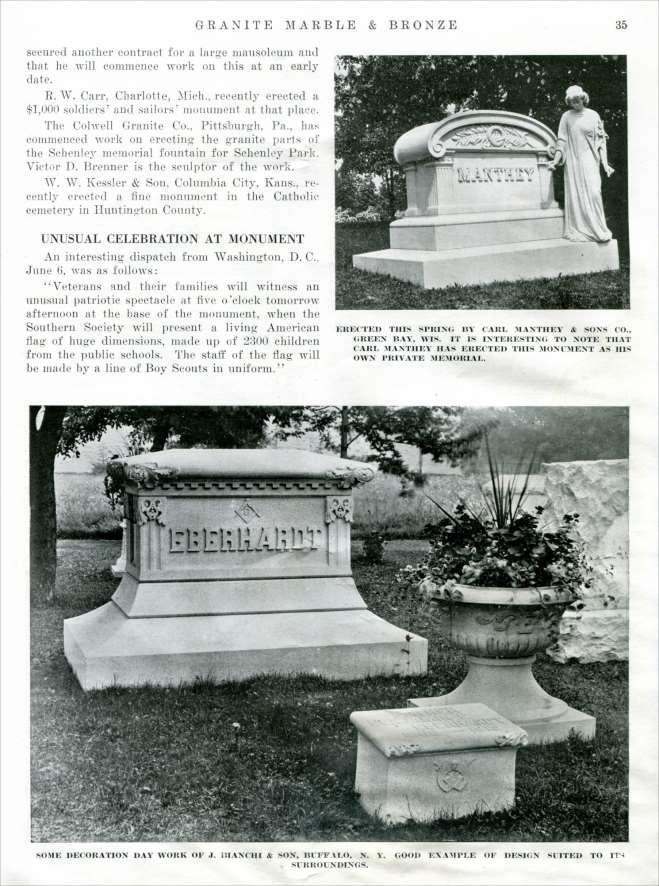 (photo captions) (top right) The Carl Manthey monument was Erected this spring (1917) by Carl Manthey & Sons Co., Green Bay, Wisconsin.