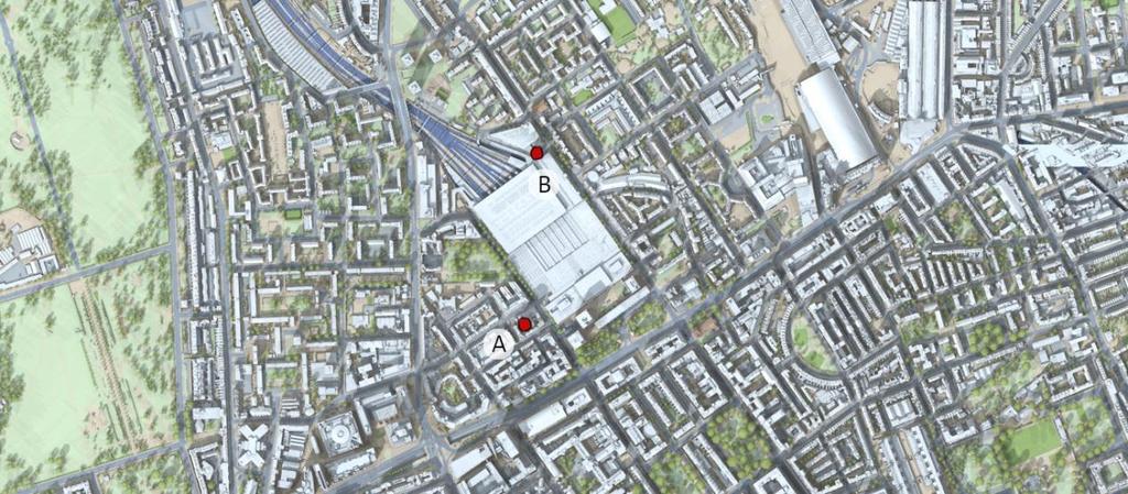 Location A is A is at the South-West Corner of the new Euston Station at the junction of Cobourg Street and Euston Street.