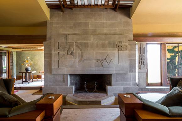 Wright liked to do total environments. For Hollyhock House, Aline Barnsdall commissioned furniture for the dining room and Living Room. The monumental sofas here, which are not easily moved.