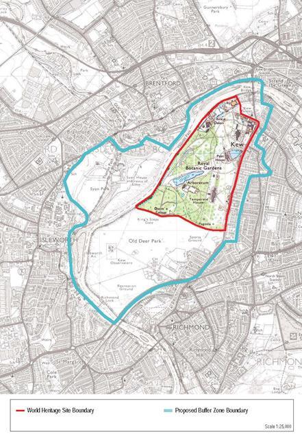 Buffer Zone A Buffer Zone has been agreed the local authorities and stakeholders to: - Protect important views and vistas into and out of the gardens; - Maintain relationships with areas that have