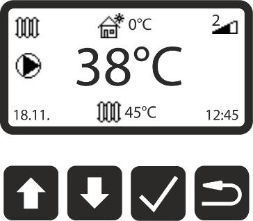 13 Enabled modes - Radiator heating - Underfloor heating 14 Multifunction key Home screen with heating curves disabled, used to change desired temperature Home screen with heating