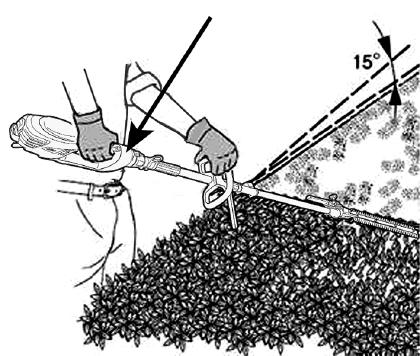OPERATION (cont.) 3. Trimming new growth. Using a wide sweeping motion, feed the blade teeth through the twigs. A slight downward tilt of the blade, in the direction of motion gives the best cut (Fig.